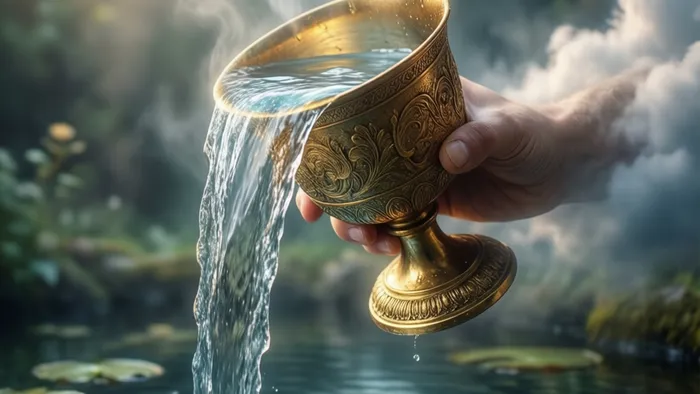 Символическое изображение Туза Кубков Таро: рука, держащая золотую чашу с переливающейся водой, на фоне облаков и пруда с кувшинками.