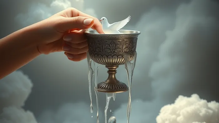 Мистическая рука, держащая переполненный серебряный кубок, из которого льются пять струй воды. Стилистика, близкая к классической колоде Таро Райдера-Уэйта.