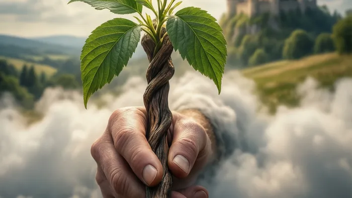 Рука, держащая цветущий жезл на фоне замка — символ Туза Жезлов в Таро как дара потенциала и инициативы.