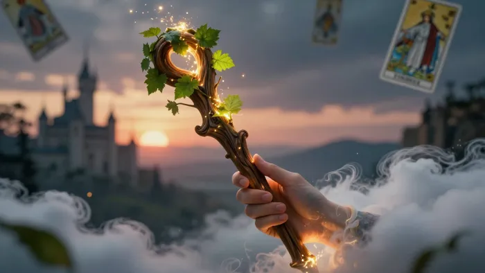 Карта Таро Туз Жезлов: магический посох с прорастающими листьями в руке из облака, символизирующий страсть и новую энергию в любви.