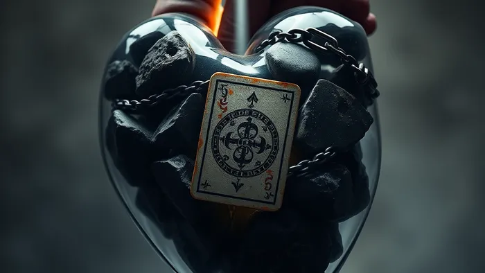 Символическое изображение: стеклянное сердце, наполненное тёмными камнями, символизирующими невысказанную правду. Луч света высвечивает один камень с символом карты Таро.