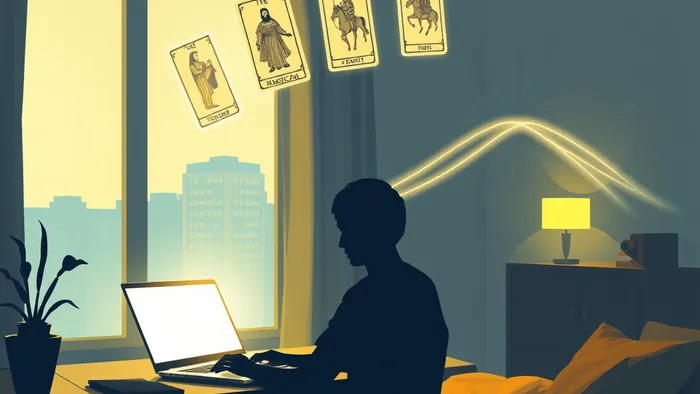 Символическое изображение удалённого работника, из ноутбука которого выходят светящиеся карты Таро, образуя мост к далёкому офисному зданию. Метафора преодоления дистанции и построения связей.