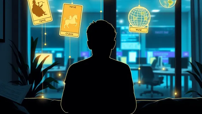 Символическое изображение удалённого работника и парящих вокруг карт Таро (Отшельник, Колесница, Мир), соединяющих его светящимися нитями с командой в далёком офисе.