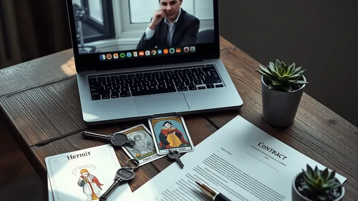Символичный натюрморт: ноутбук с видеозвонком, карты Таро (Отшельник и Четверка Кубков), ключи и договор на столе — метафора выбора между удалённой работой, переездом и финансовыми обязательствами.