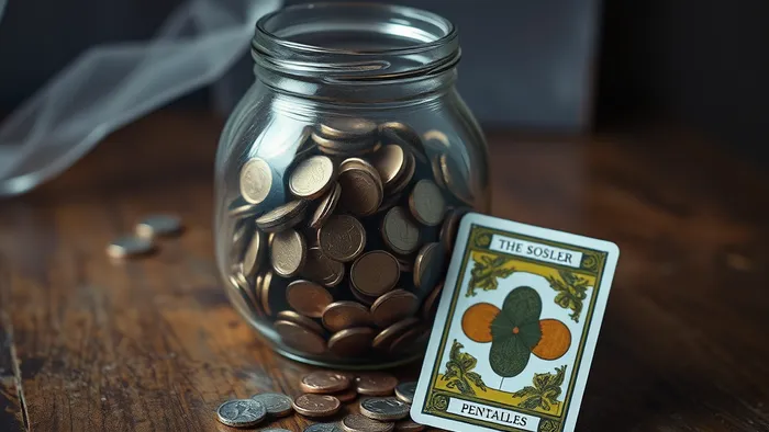 Символическое изображение накоплений: копилка с монетами и карта Таро Четвёрка Пентаклей на столе рядом с ключом от машины.