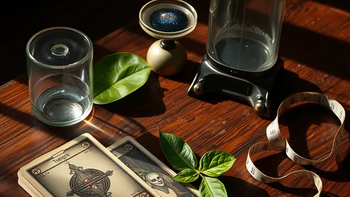 Символичный натюрморт: карты Таро Сила и Мир на столе рядом с весами, показывающими созвездие вместо цифр, и зелёным листом.