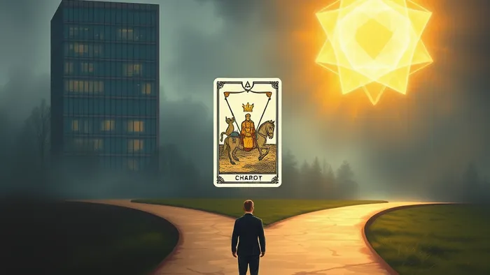 Символическое изображение выбора между офисной работой и собственным стартапом. В центре парит карта Таро Колесница как символ воли и движения вперёд.