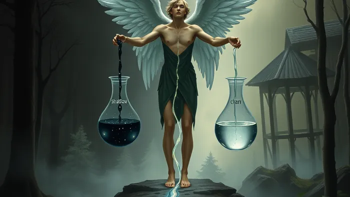 Символическое изображение аркана Умеренность для работы с тенью: фигура переливает энергию между сосудами Сознания и Тени, создавая новый синтез на их границе.