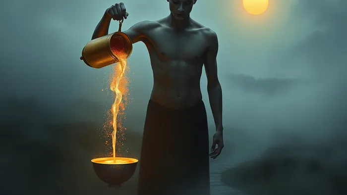 Ангел-андрогин переливает светящуюся жидкость из золотого сосуда в серебряный на фоне туманного пейзажа и дороги к солнцу — символ аркана Умеренность и алхимии противоположностей.