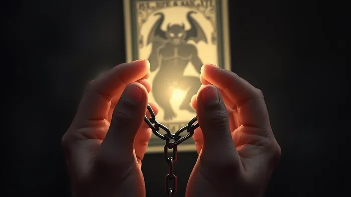 Руки держат светящуюся цепь, которая символически растворяется, на фоне силуэта карты Дьявол Таро. Изображение символизирует освобождение и работу с подсознанием.