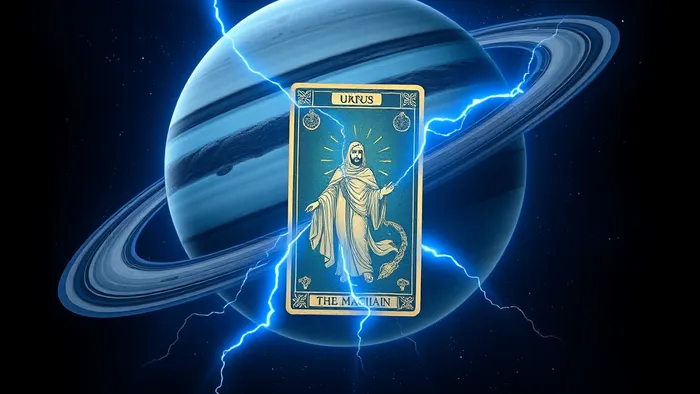 Планета Уран и карта Таро Маг, соединённые энергетическими разрядами на фоне созвездия Водолея