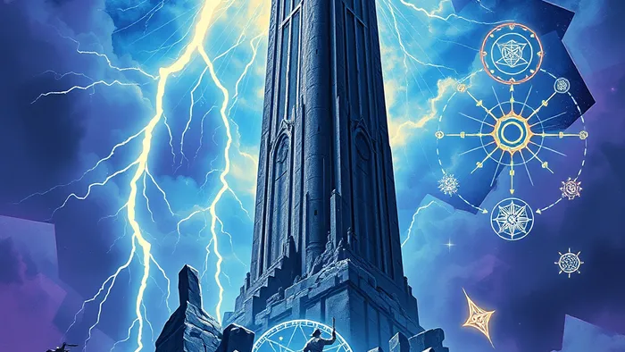 Сюрреалистичное изображение в стиле карты Таро: молния Урана поражает Башню, из руин которой emerges Шут, держащий жезл Мага на фоне геометрического неба Водолея.