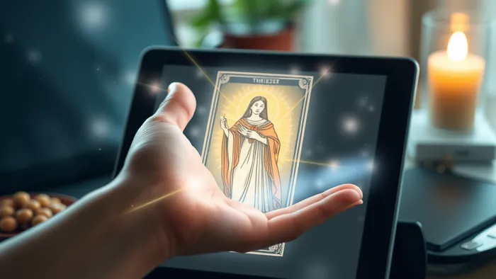 Символическое изображение онлайн-урока Таро: рука над светящейся картой Таро на экране планшета, лучи света связывают их