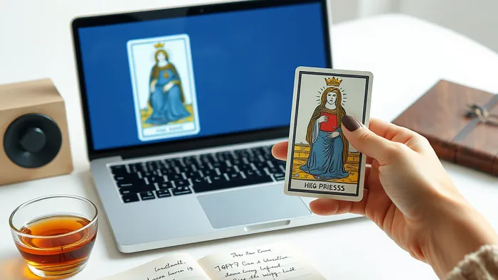 Рабочее пространство для онлайн-обучения Таро: ноутбук с изображением карты Таро и физическая колода рядом, блокнот для заметок.