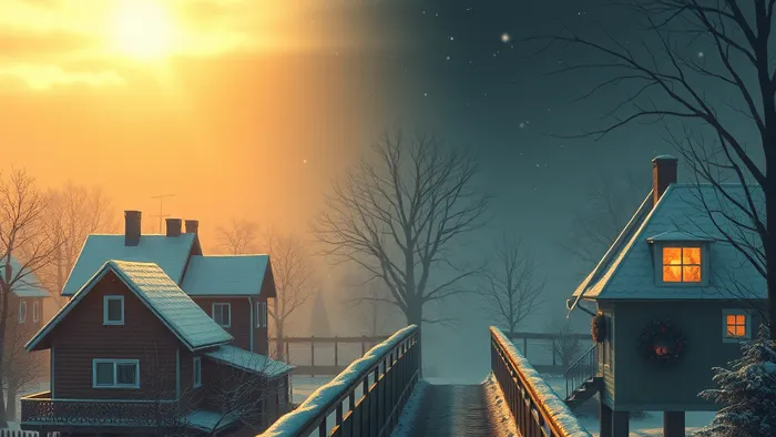 Символическое изображение выбора между материальным благополучием (золото, небоскрёбы) и эмоциональным комфортом (тёплый свет, общение) с помощью карт Таро Император и Колесница.