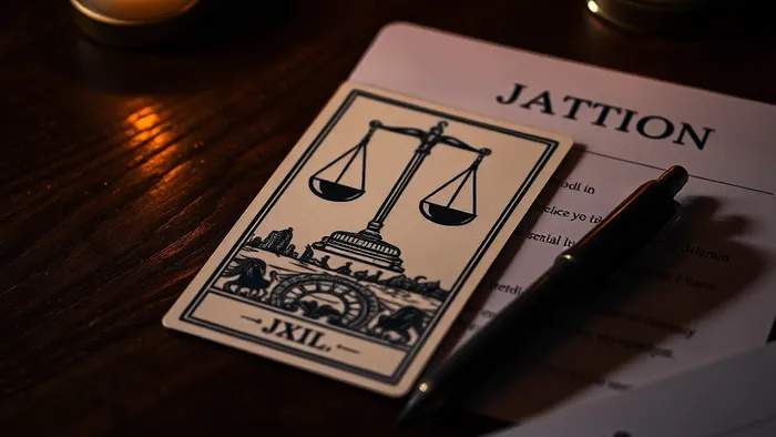 Карта Таро 'Справедливость' лежит рядом с резюме и ручкой на столе, символизируя взвешенный подход к вопросу об увольнении