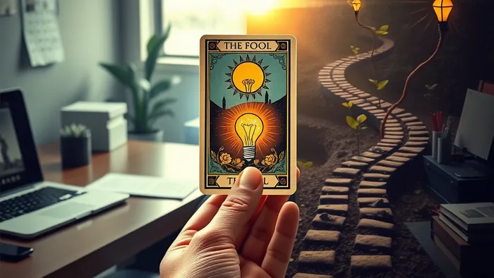 Символическое изображение перехода из найма в стартап: офисный стол и творческий беспорядок, соединенные картой Таро Шут (The Fool)