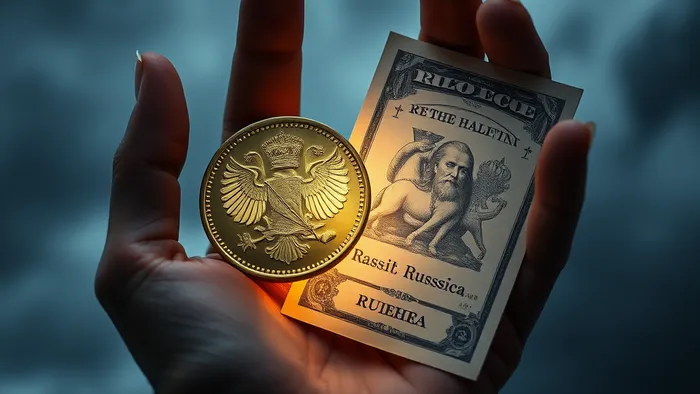 Концептуальное изображение: выбор между рублем и долларом, показанный через призму архетипов Таро — Императрицы и Колесницы.