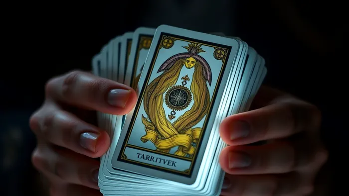 Руки держат колоду карт Таро, одна карта выдвинута и излучает мягкое свечение. Символизирует начало интуитивного диалога с картами.