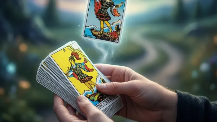 Руки человека держат колоду Таро, над ладонью парит светящаяся карта. Символизирует начало пути в изучении карт с помощью вебинара.