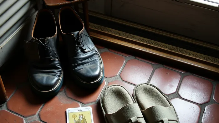 Символичное изображение перехода от статуса туриста к ощущению дома: поношенные туристические ботинки и домашние тапочки на терракотовом полу в Италии, рядом карта Таро.