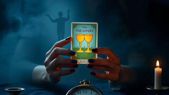 Символическое изображение для статьи о возвращении бывшего: руки женщины держат светящуюся карту Таро, а силуэт мужчины тянется к ней из тумана. На столе лежат часы без стрелок.