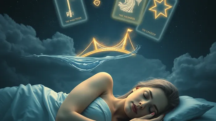 Сюрреалистичная иллюстрация: символы снов превращаются в светящиеся карты Таро на фоне звездного неба.