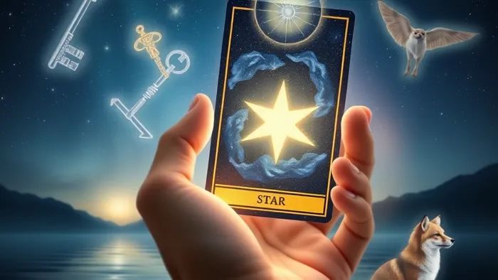 Символическое изображение связи вещих снов и карт Таро: рука держит светящуюся карту Звезда на фоне ночного неба, в котором тают образы из снов.
