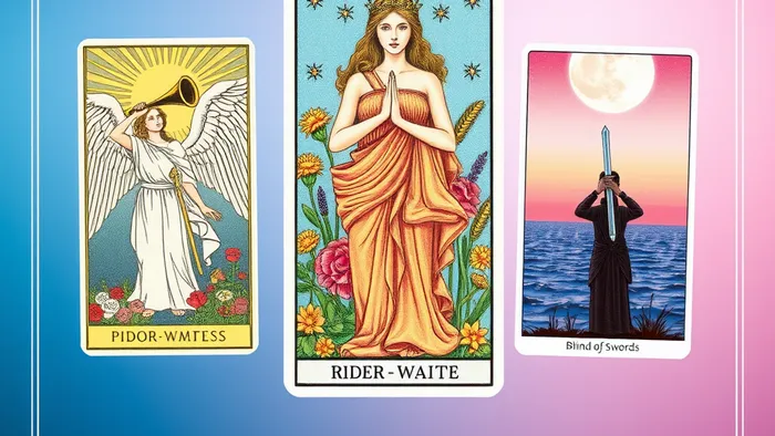 Символический коллаж из карт Таро Императрица, Суд и Двойка Мечей на фоне весеннего рассвета. Символика роста, оценки и выбора.