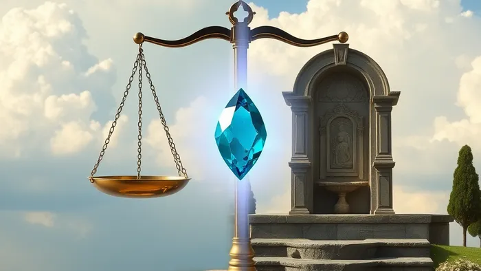 Символический коллаж: каменные весы на фоне неба, цветущий сад с троном и парящий самоцвет, соединяющий обе сцены. Иллюстрация связи Весов, карт Таро и символа камня.