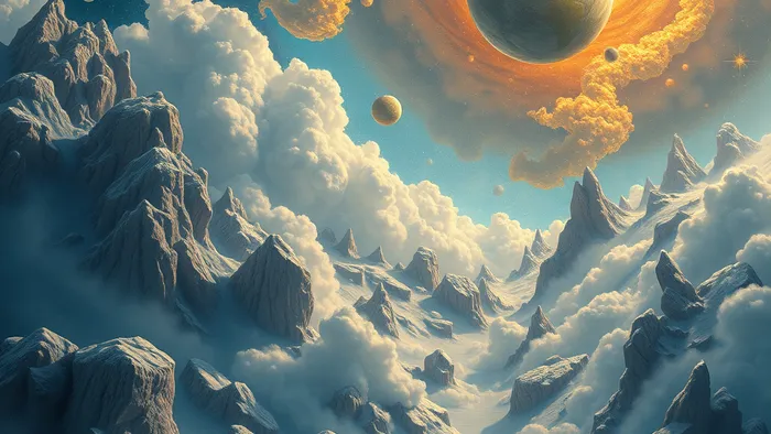 Символическое изображение связи знака Весов, карт Таро и планет в июле: небесные весы с картой Правосудия и планетой Венерой на фоне звезд.