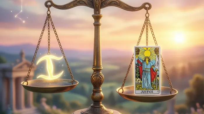 Мистическое изображение для темы 'Весы Июль Таро': парящие весы с символом Венеры и арканом Справедливость на фоне летнего заката и созвездия Весов.