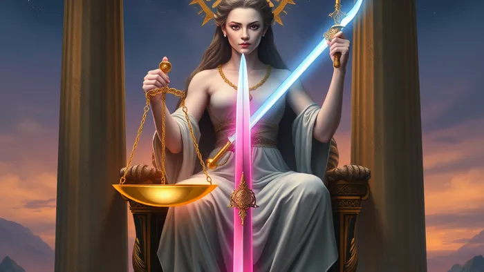 Архетип Справедливости из колоды Таро, символически связанный со знаком зодиака Весы: фигура с весами и мечом между двух колонн на фоне звездного неба.