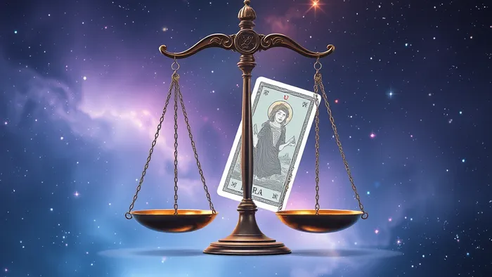 Символическое изображение знака Весов и аркана Справедливость в космическом пространстве.