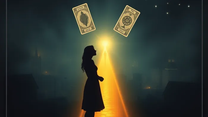 Символическое изображение выбора на перекрёстке: женщина и два пути, один — в прошлое с силуэтом мужчины, другой — в будущее. Вокруг парят карты Таро: Шут, Колесо Фортуны и Двойка Кубков.