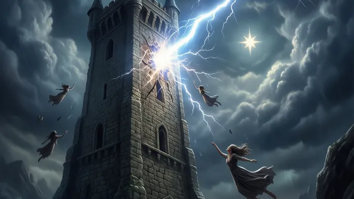Символическое изображение аркана Башня в момент удара молнии: вид снизу вверх, emphasizing катастрофу как озарение и очищение, с проблеском звезды вдали.