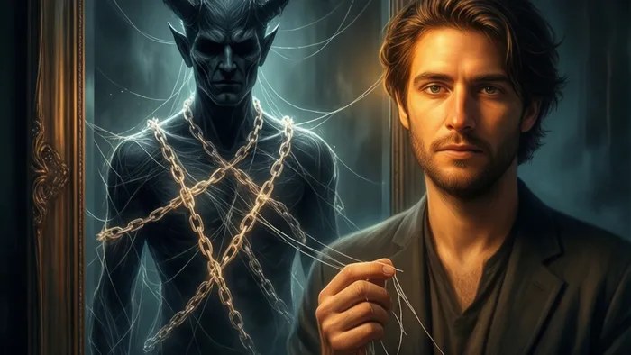 Символическое изображение человека, смотрящего в зеркало, где его отражение заменено архетипом Дьявола с хрупкими светящимися цепями, которые начинают рваться.
