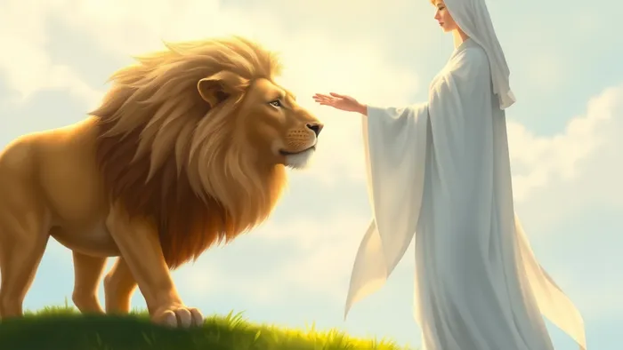 Женщина в белом мягко касается морды золотого льва на зелёном холме под знаком бесконечности — визуализация аркана Сила Таро.