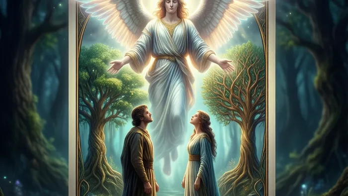 Иммерсивная визуализация сцены аркана Таро Влюбленные: вид изнутри карты на ангела и две фигуры в момент выбора.