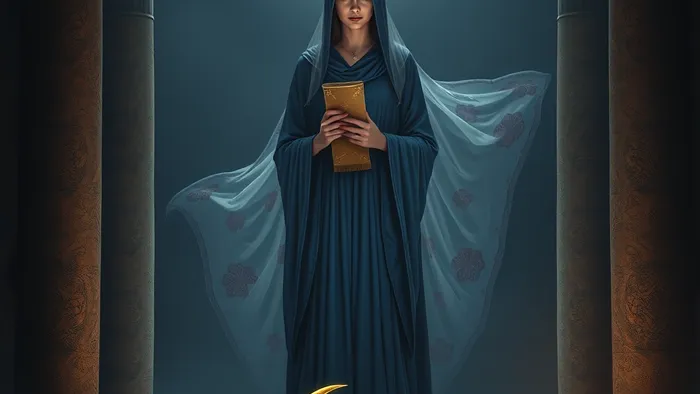 Реалистичная визуализация аркана Жрица Таро: фигура между колоннами в лунном свете, за завесой с гранатовым узором.