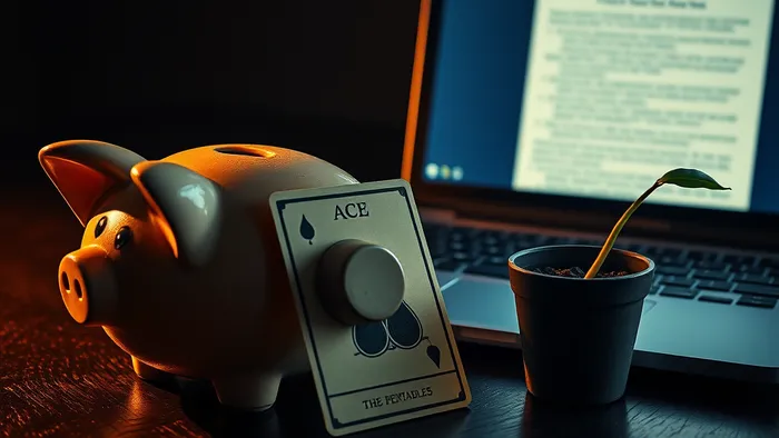 Символичное изображение дилеммы: копилка и ноутбук с блогом на столе, рядом карта Таро Туз Пентаклей и росток в горшке.