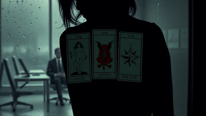 Символическое изображение женщины в офисе, размышляющей о чувствах к коллеге, с отражением карт Таро (Влюбленные, Дьявол, Звезда) на стекле.