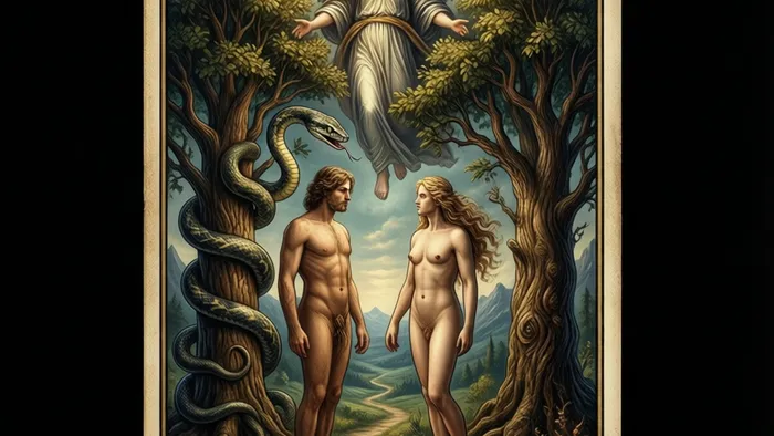 Детализированное изображение Старшего Аркана Таро «Влюбленные» (VI) с ангелом, Адамом и Евой у Древа Познания в мистическом свете.