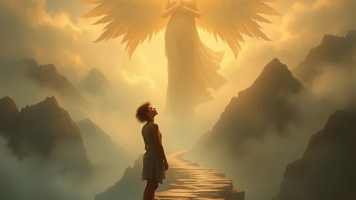 Символическое изображение архетипа Влюбленные Таро с акцентом на точку зрения человека, стоящего перед выбором. Две полупрозрачные женские фигуры по сторонам, ангел над головой, освещающий путь вперед.