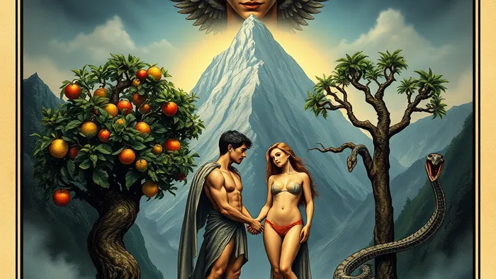 Символическая иллюстрация карты Таро Влюбленные: ангел смотрит на зрителя, двое людей у двух деревьев, на заднем плане — далекая гора. Архетип выбора.