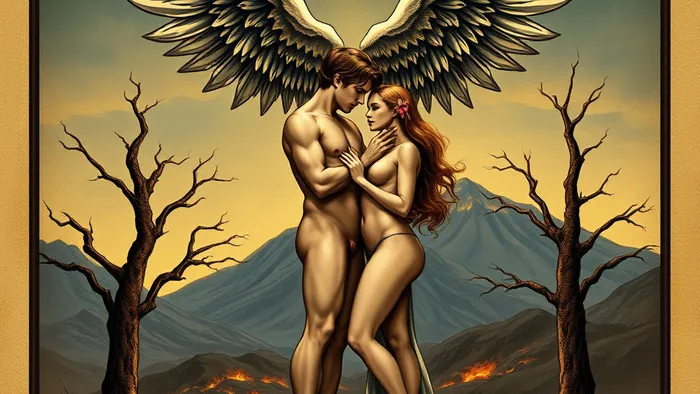 Детализированное изображение аркана Таро Влюбленные (VI): мужчина и женщина, ангел, два древа и огненная гора на фоне.