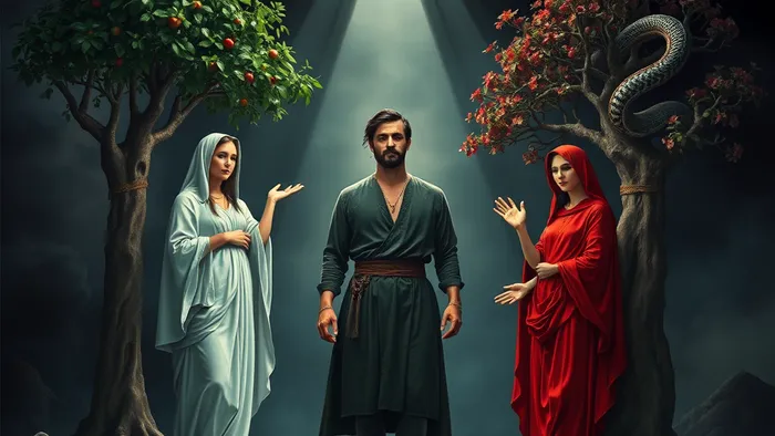 Символическое изображение аркана Влюбленные из Таро: мужчина на развилке между двумя женщинами, ангел над ним, драматическое освещение.