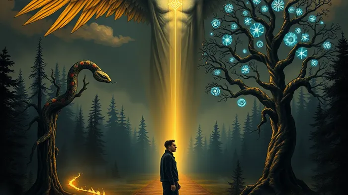 Переосмысление аркана Таро «Влюбленные»: человек на перепутье в волшебном лесу, наблюдаемый ангелом с огненными волосами, между древом познания со змеем и древом жизни. Символ выбора и судьбы.