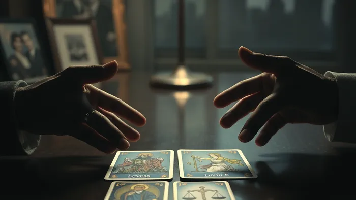 Символическое изображение дилеммы: руки тянутся друг к другу через офисный стол, но между ними лежат карты Таро (Влюблённые, Император, Справедливость).