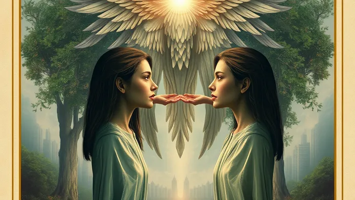 Символическое изображение аркана Таро Влюблённые как Карты Года: две ипостаси одного человека перед выбором, ангел благословения, переплетение древнего мифа и современной развилки.